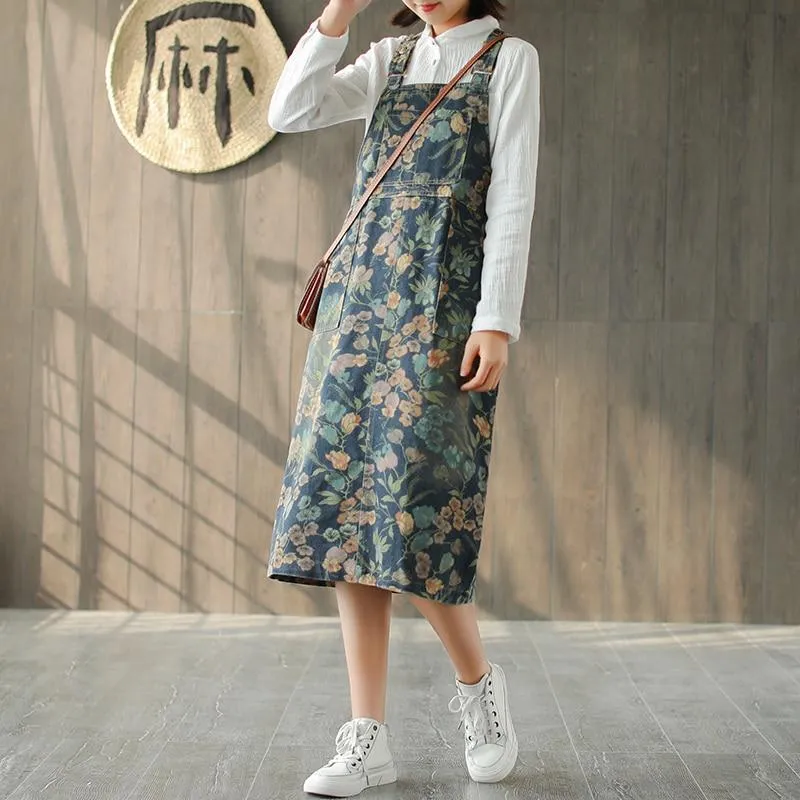 Artsy Floral Denim Overall Dress