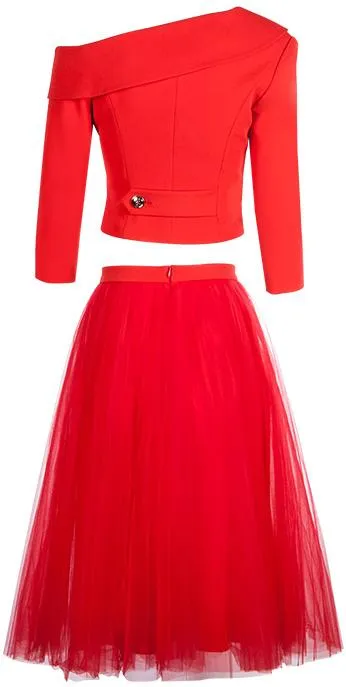 Asymmetrical Off-Shoulder Blazer and Tulle Skirt