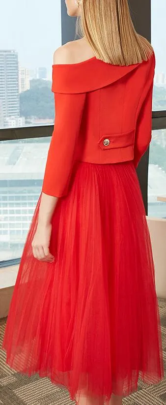 Asymmetrical Off-Shoulder Blazer and Tulle Skirt