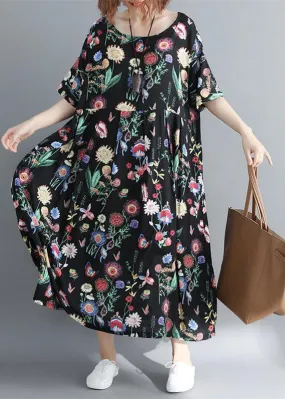 baggy floral cotton blended maxi dress oversize O neck caftans boutique baggy dresses gown