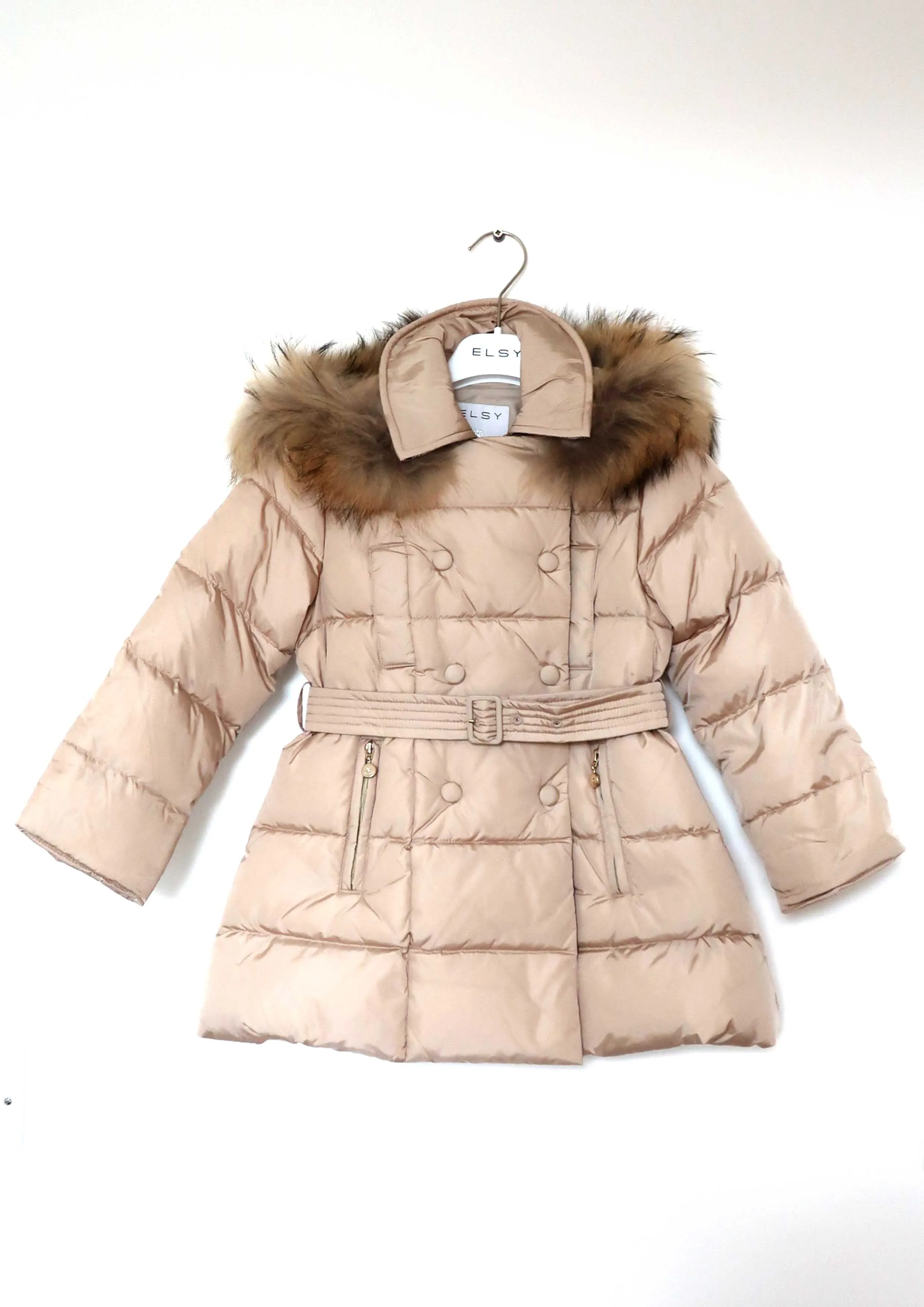 Beige Belted Puffer Coat With Fur