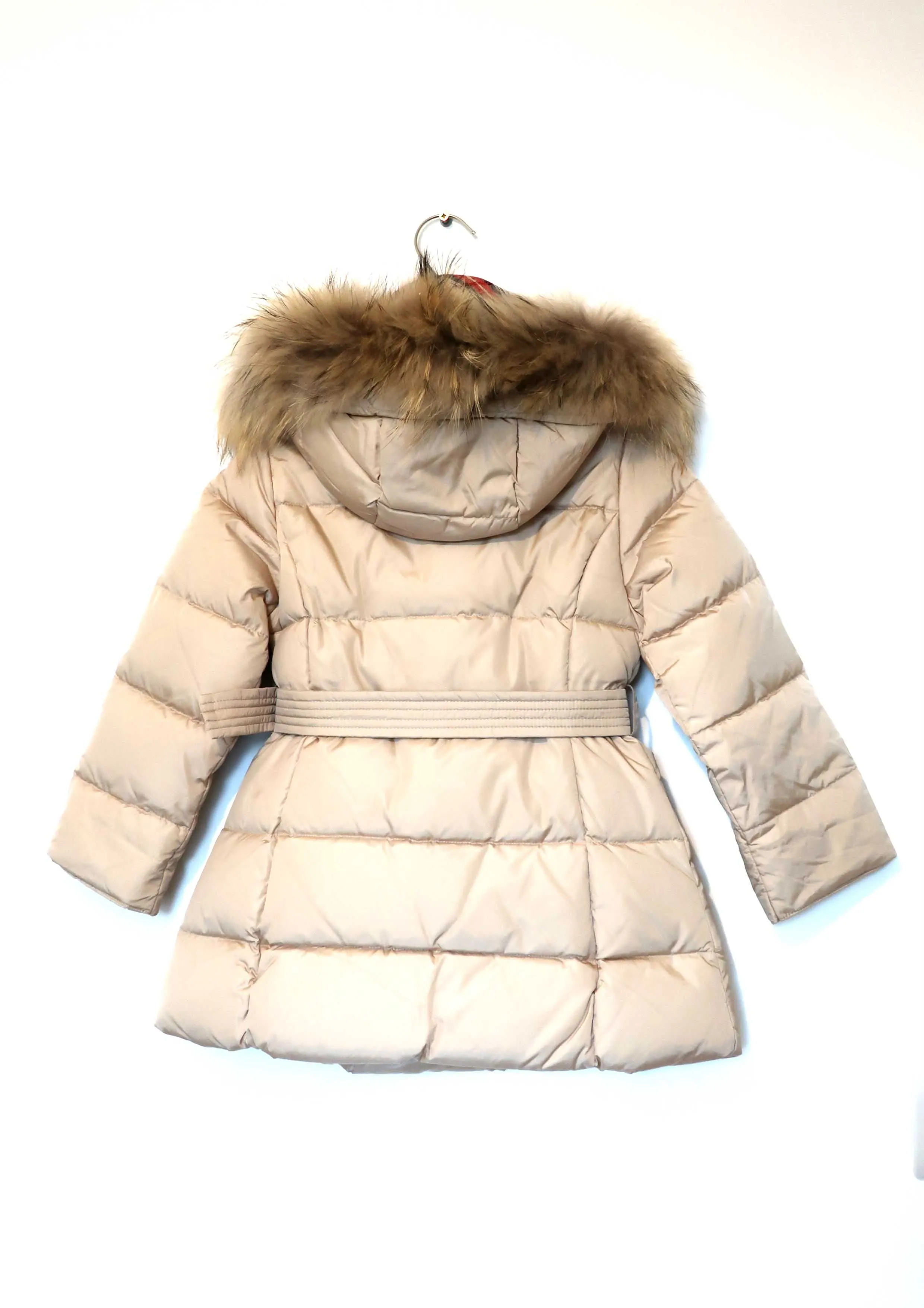 Beige Belted Puffer Coat With Fur