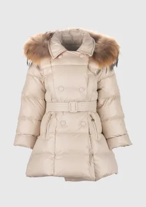 Beige Belted Puffer Coat With Fur