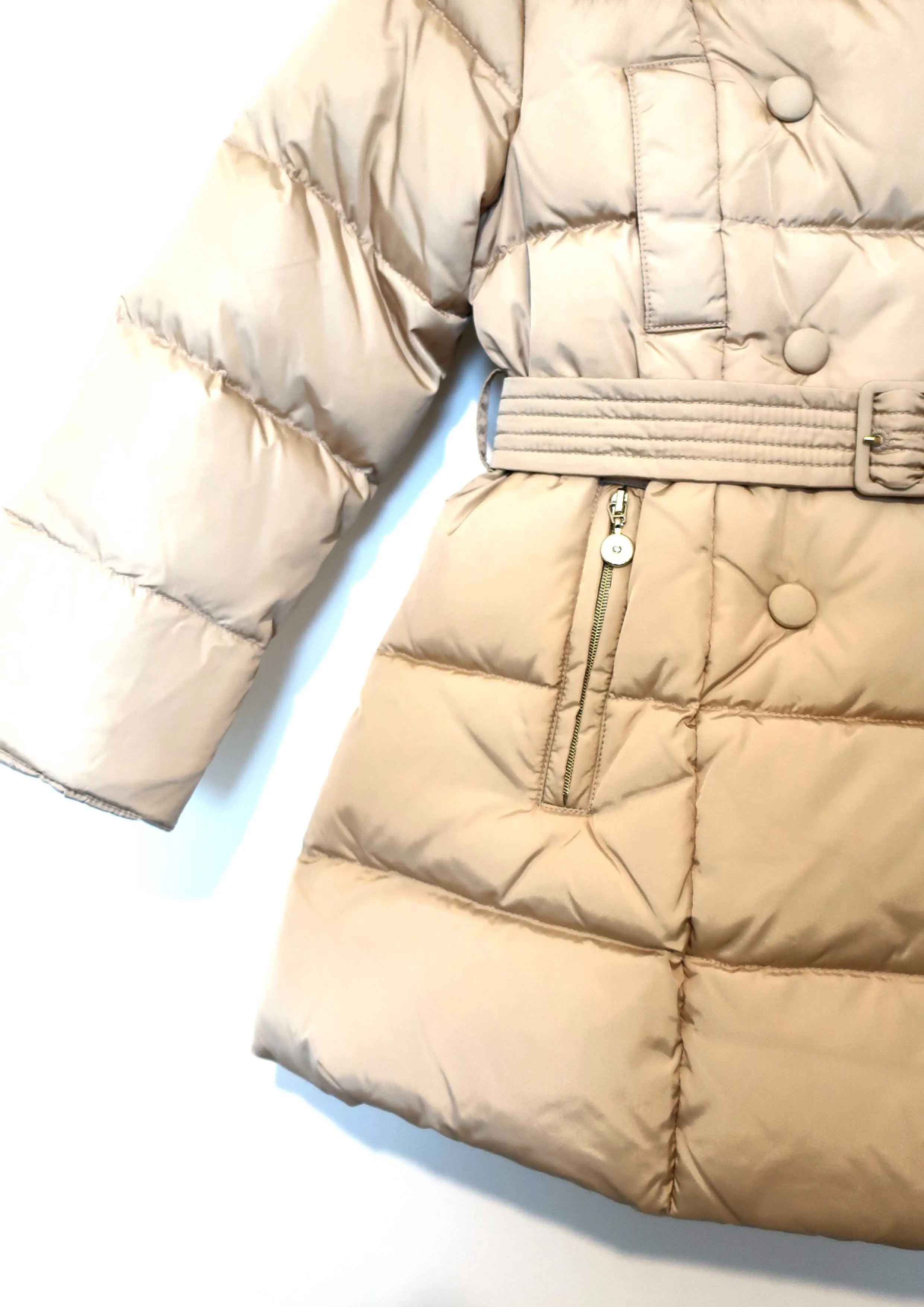 Beige Belted Puffer Coat With Fur