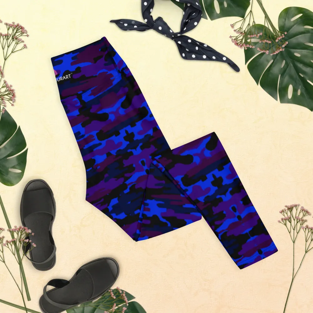 Blue Purple Camo Yoga Leggings, Army Military Camouflaged Printed Women's Tights-Made in USA/EU