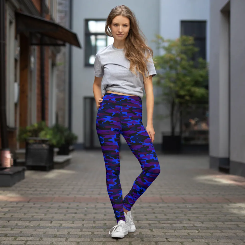 Blue Purple Camo Yoga Leggings, Army Military Camouflaged Printed Women's Tights-Made in USA/EU