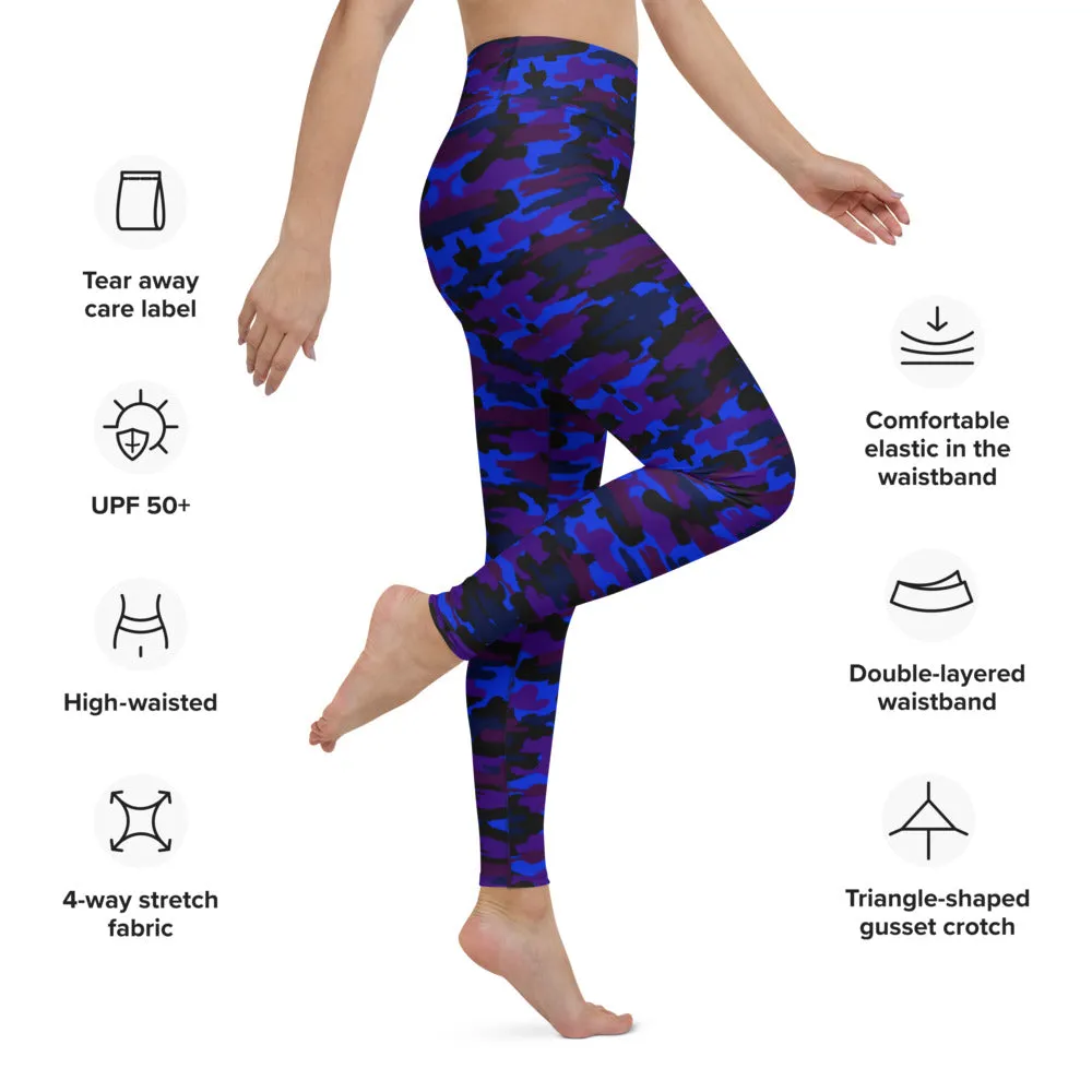 Blue Purple Camo Yoga Leggings, Army Military Camouflaged Printed Women's Tights-Made in USA/EU