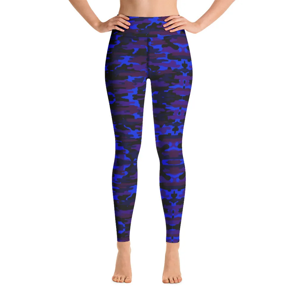 Blue Purple Camo Yoga Leggings, Army Military Camouflaged Printed Women's Tights-Made in USA/EU