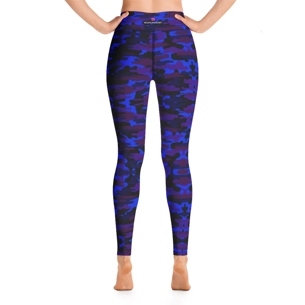 Blue Purple Camo Yoga Leggings, Army Military Camouflaged Printed Women's Tights-Made in USA/EU