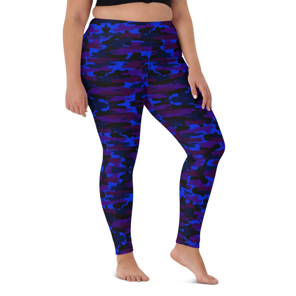 Blue Purple Camo Yoga Leggings, Army Military Camouflaged Printed Women's Tights-Made in USA/EU