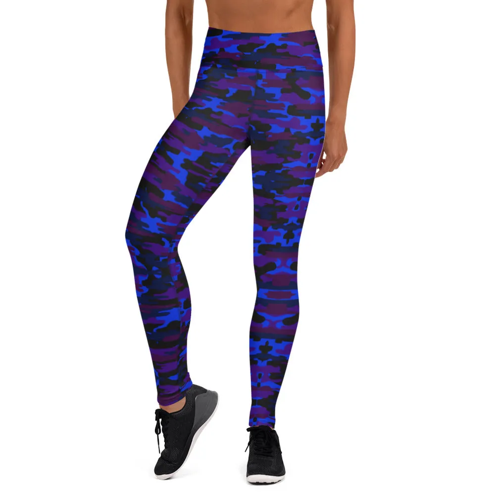 Blue Purple Camo Yoga Leggings, Army Military Camouflaged Printed Women's Tights-Made in USA/EU