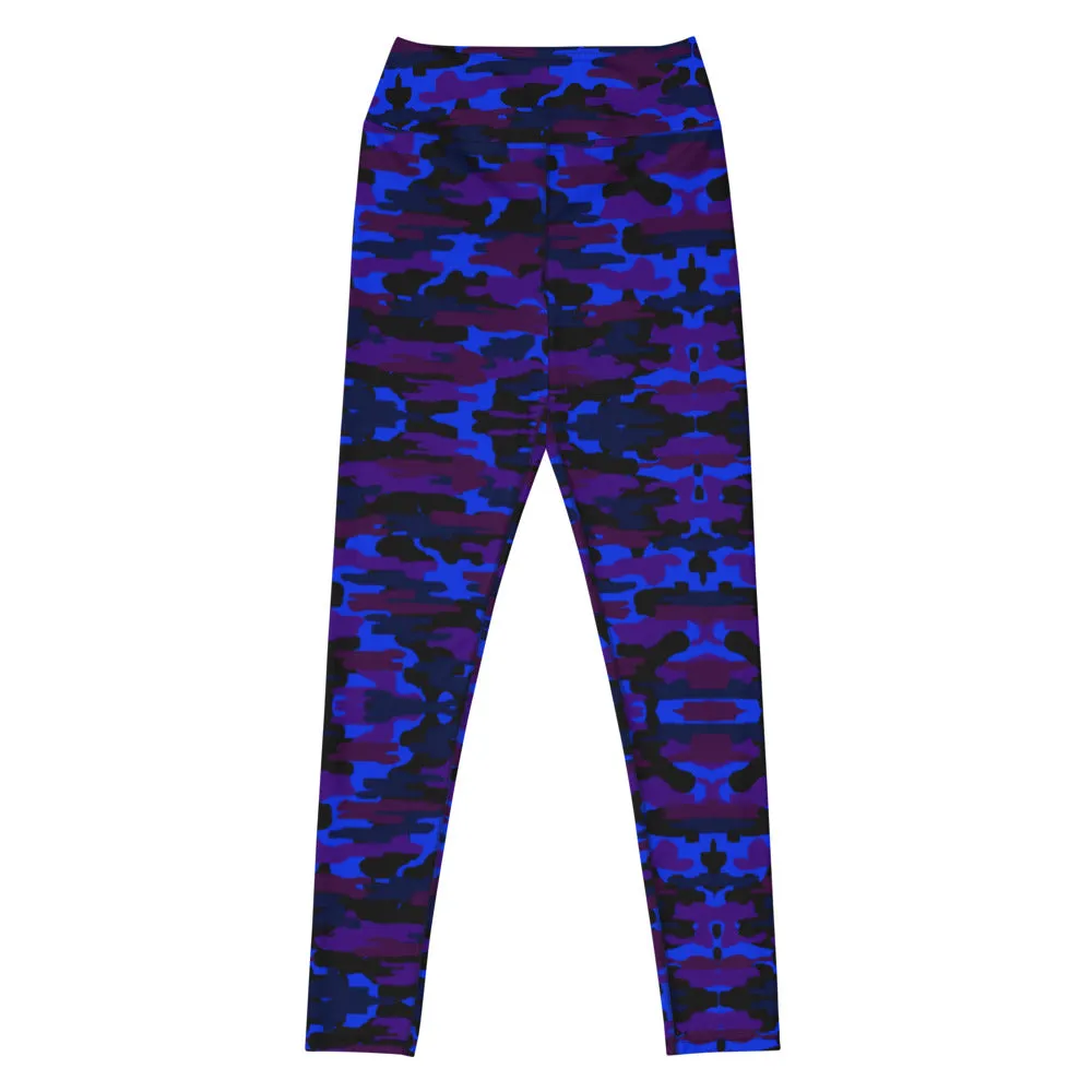 Blue Purple Camo Yoga Leggings, Army Military Camouflaged Printed Women's Tights-Made in USA/EU