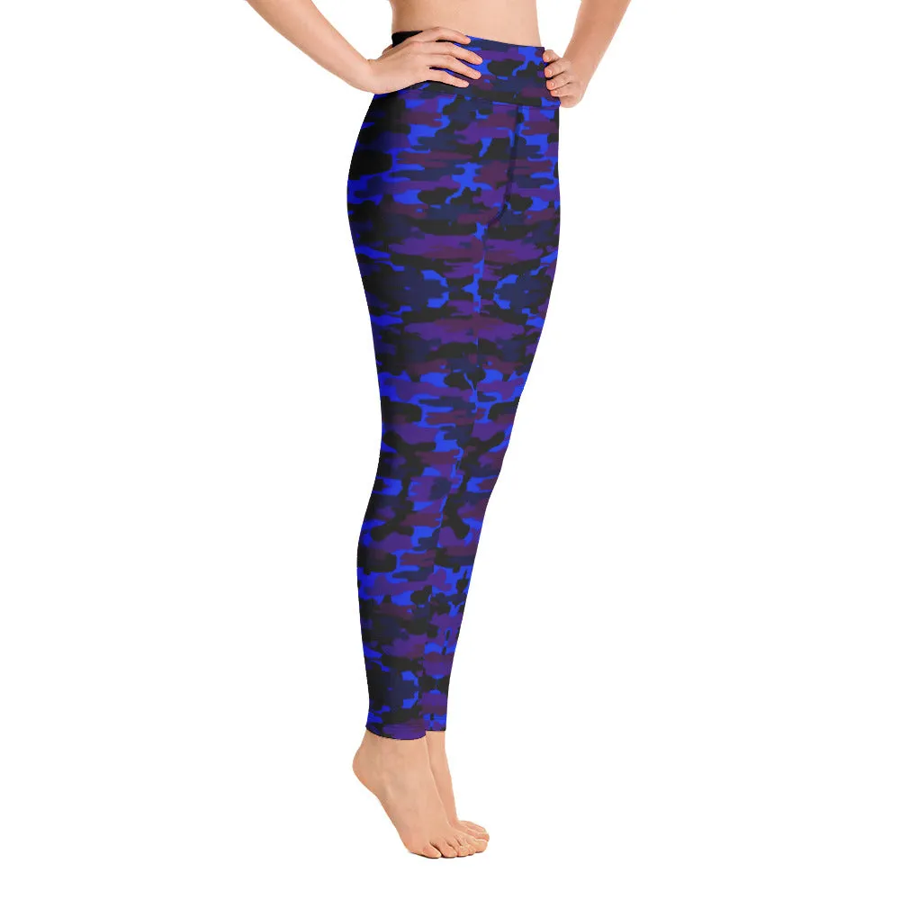 Blue Purple Camo Yoga Leggings, Army Military Camouflaged Printed Women's Tights-Made in USA/EU