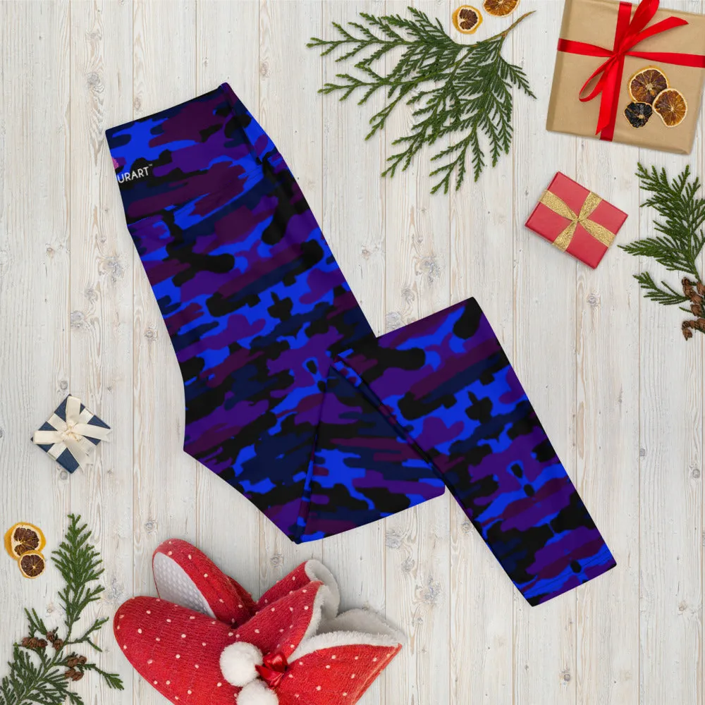 Blue Purple Camo Yoga Leggings, Army Military Camouflaged Printed Women's Tights-Made in USA/EU