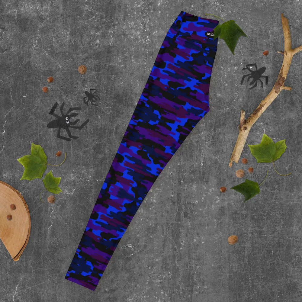 Blue Purple Camo Yoga Leggings, Army Military Camouflaged Printed Women's Tights-Made in USA/EU