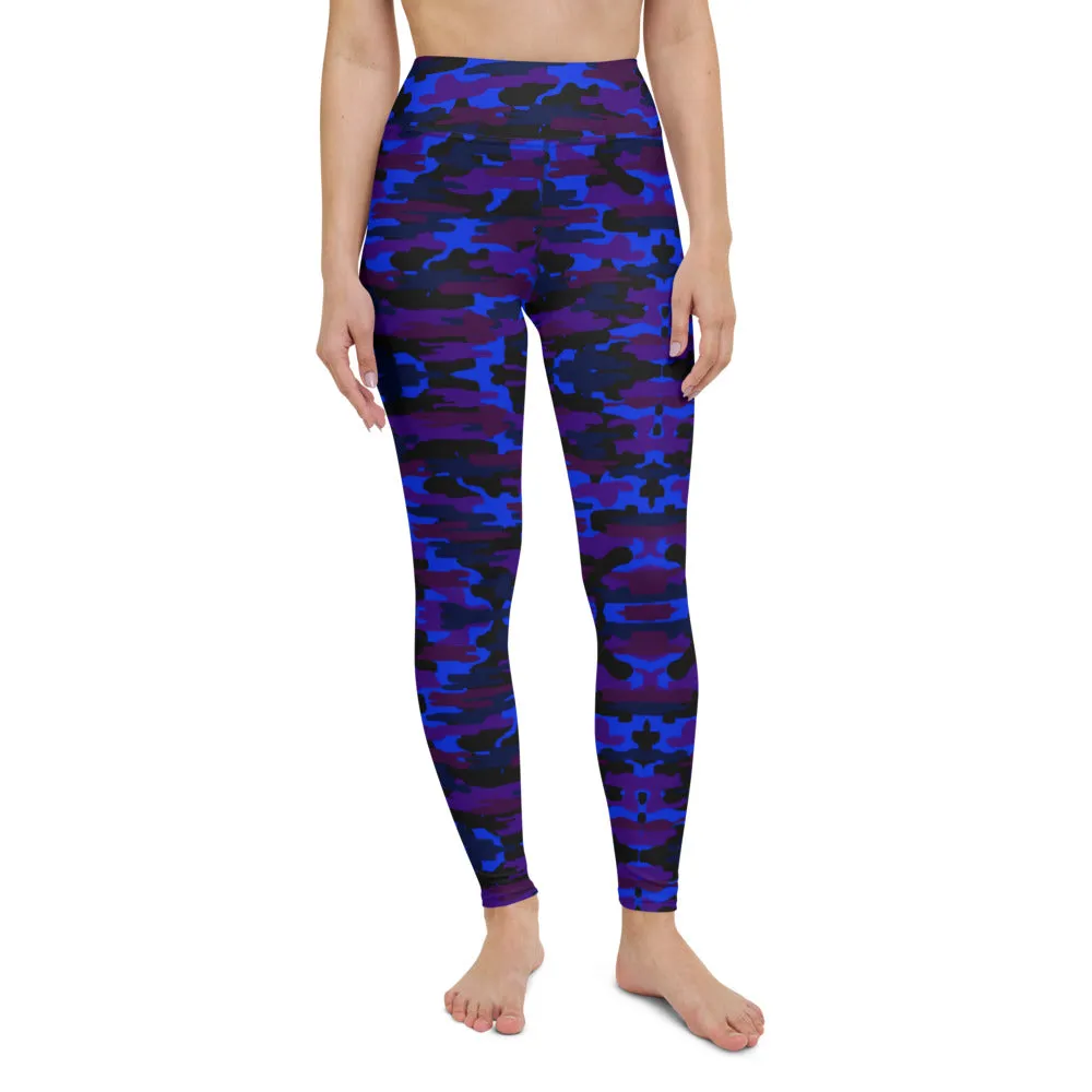 Blue Purple Camo Yoga Leggings, Army Military Camouflaged Printed Women's Tights-Made in USA/EU