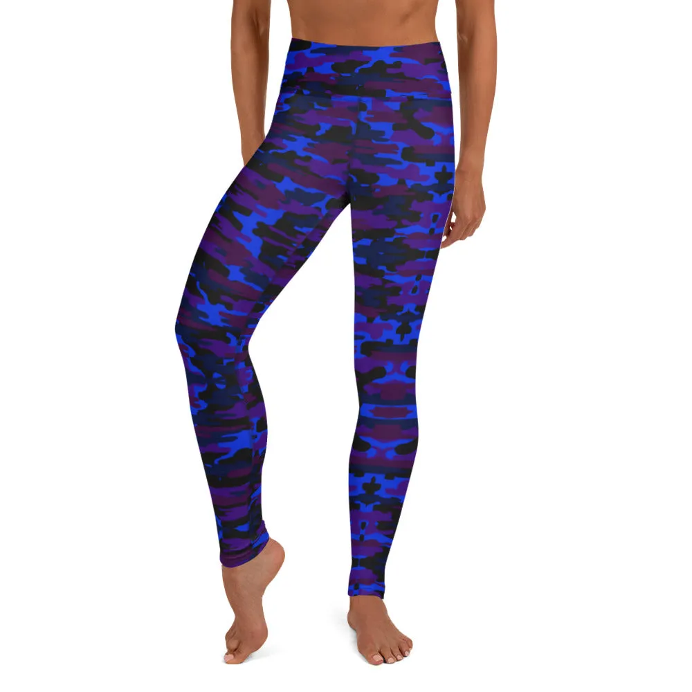 Blue Purple Camo Yoga Leggings, Army Military Camouflaged Printed Women's Tights-Made in USA/EU