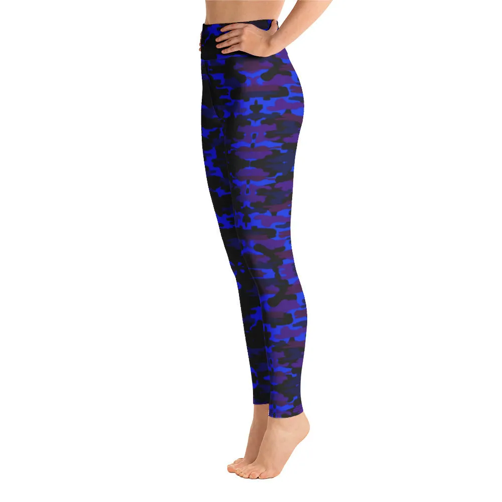 Blue Purple Camo Yoga Leggings, Army Military Camouflaged Printed Women's Tights-Made in USA/EU