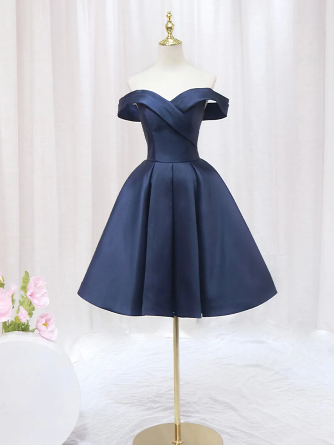 Blue V-neckline Satin Off Shoulder Party Dress, A-Line Blue Short Evening Prom Dress