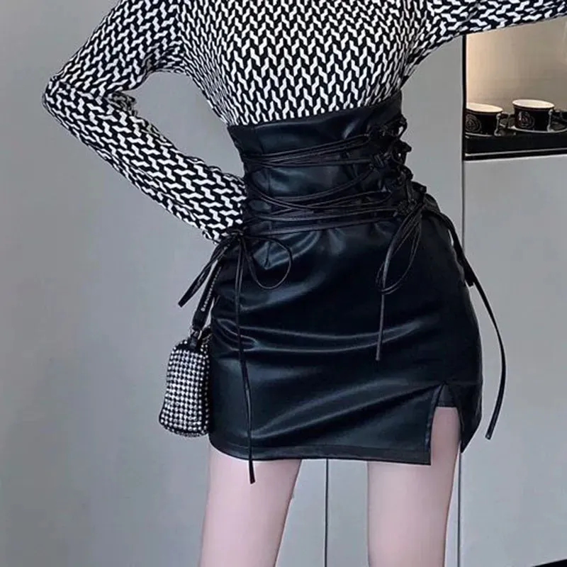 Bonnyshow Black Leather Mini Skirts Women Gothic High Waist Slim Fit Lace-Up Pencil Skirt Female Sexy Club Back Zipper Split Bag Hip Skirt