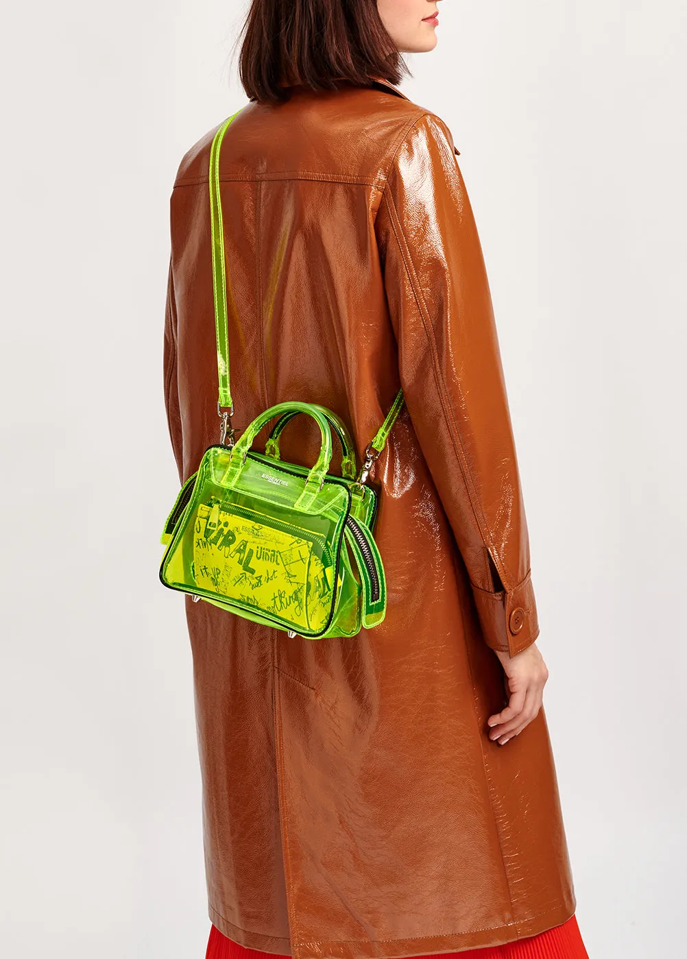 Brown faux patent-leather trench coat