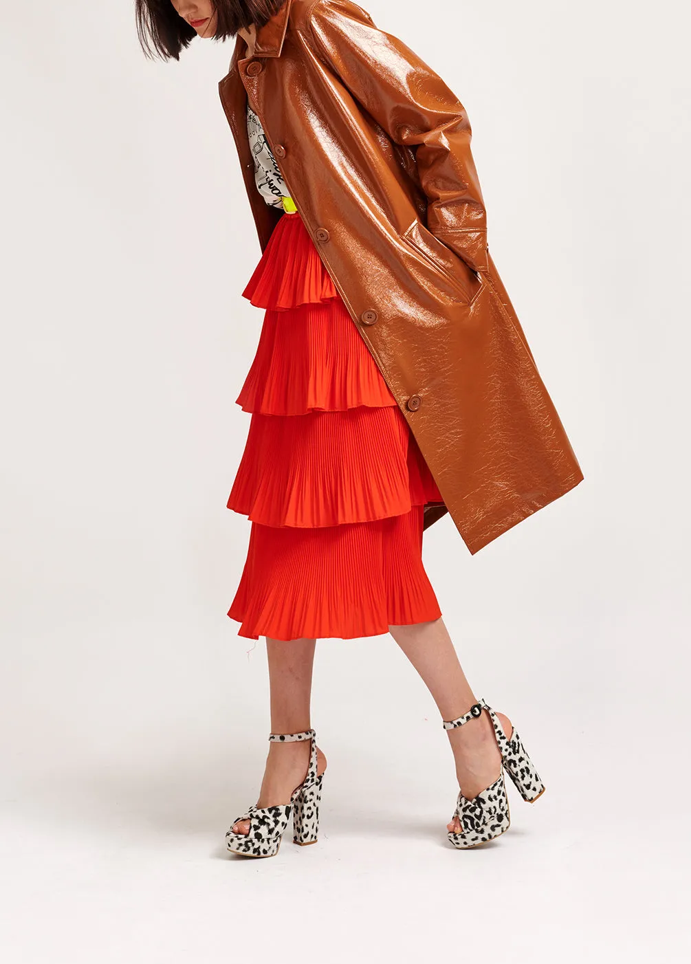 Brown faux patent-leather trench coat