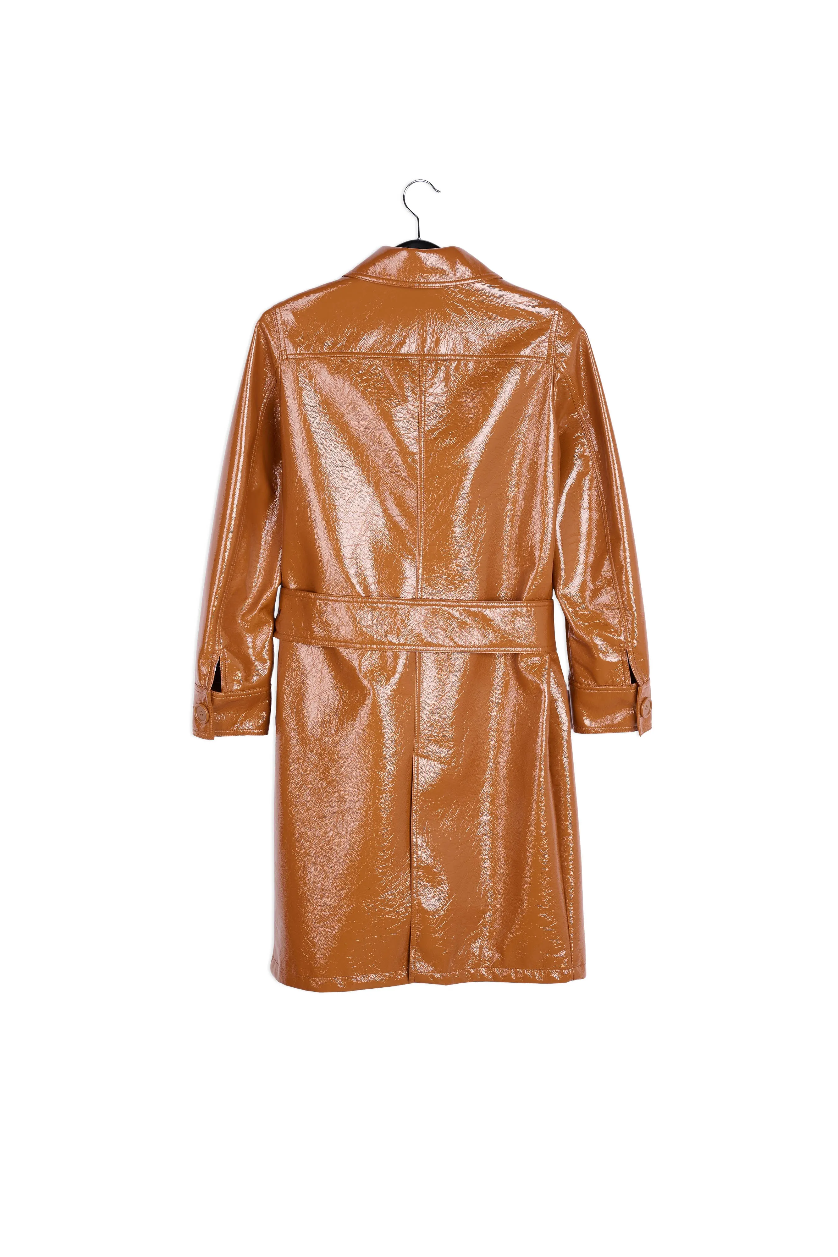 Brown faux patent-leather trench coat