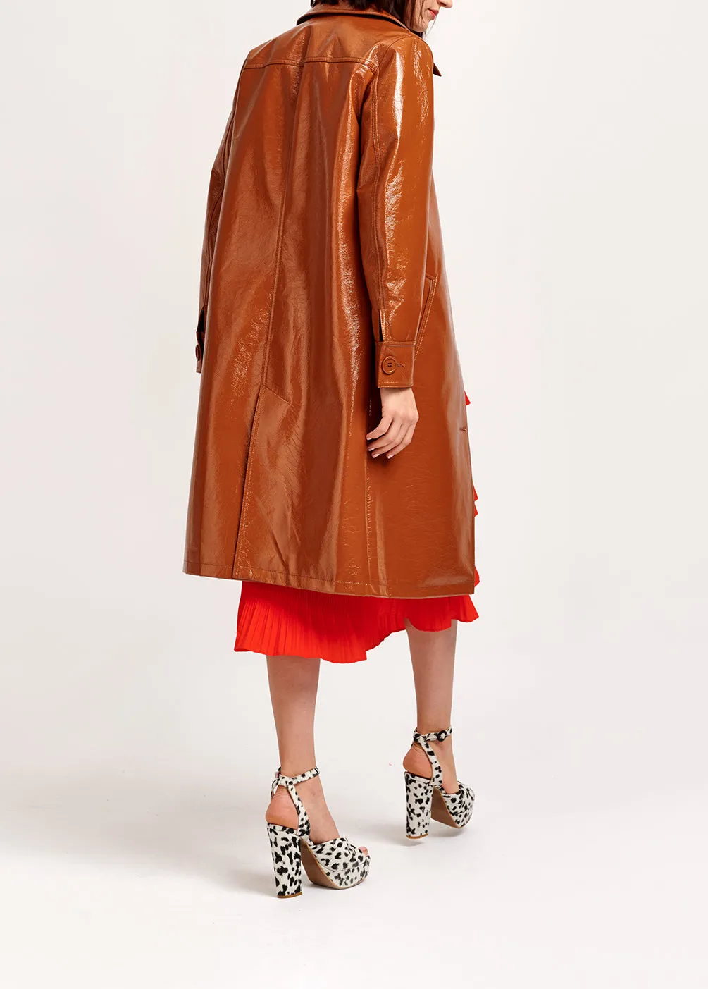 Brown faux patent-leather trench coat