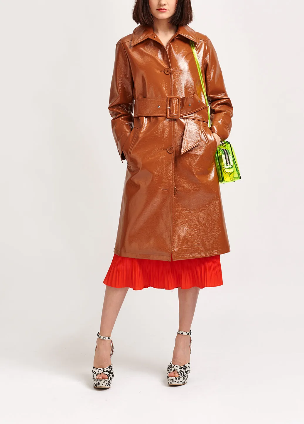 Brown faux patent-leather trench coat