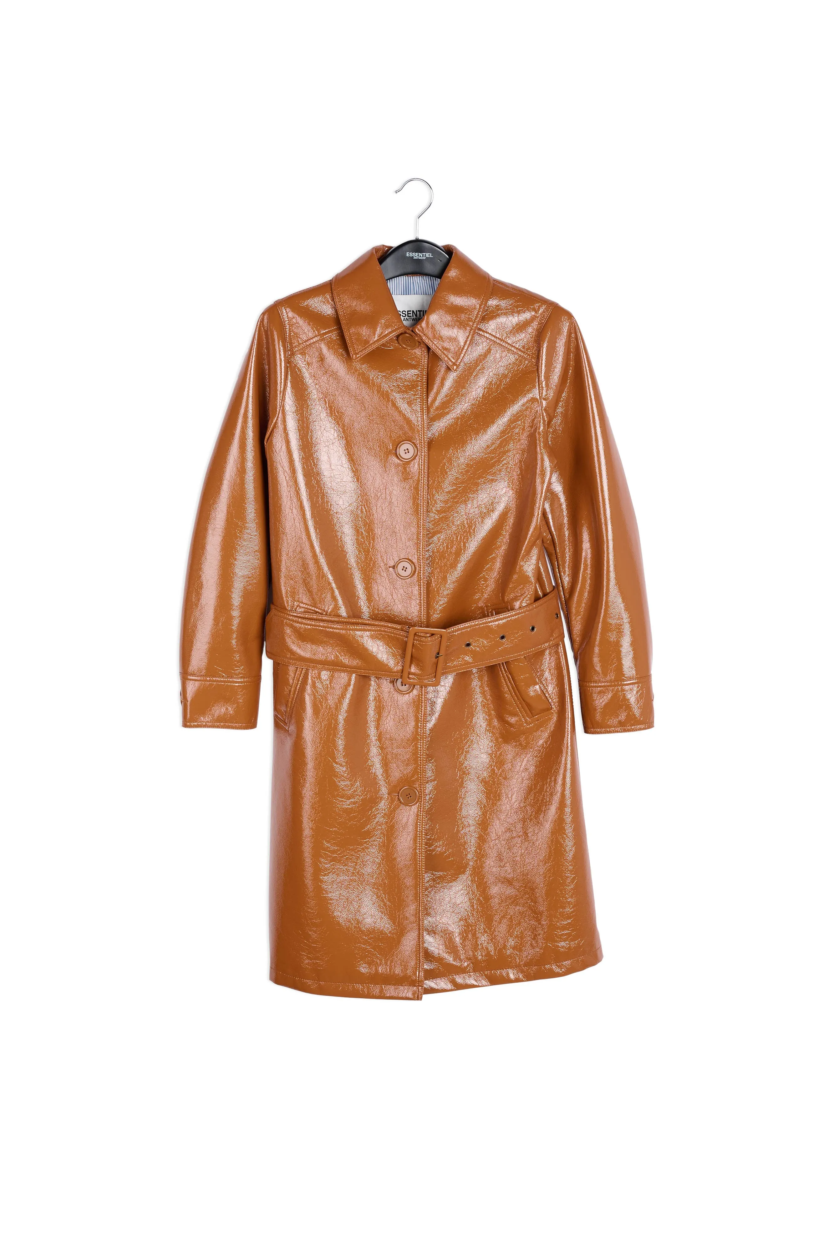 Brown faux patent-leather trench coat