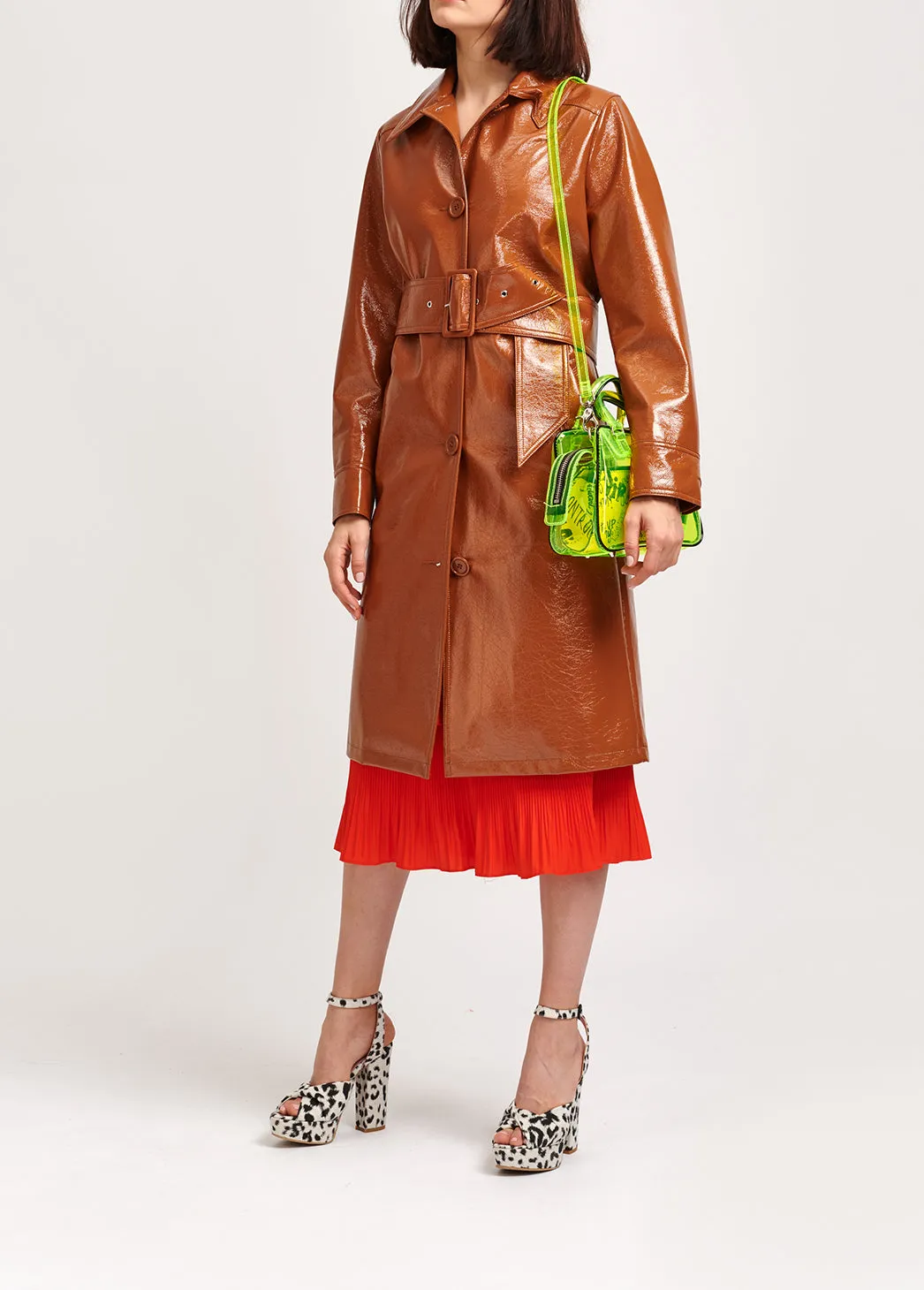 Brown faux patent-leather trench coat