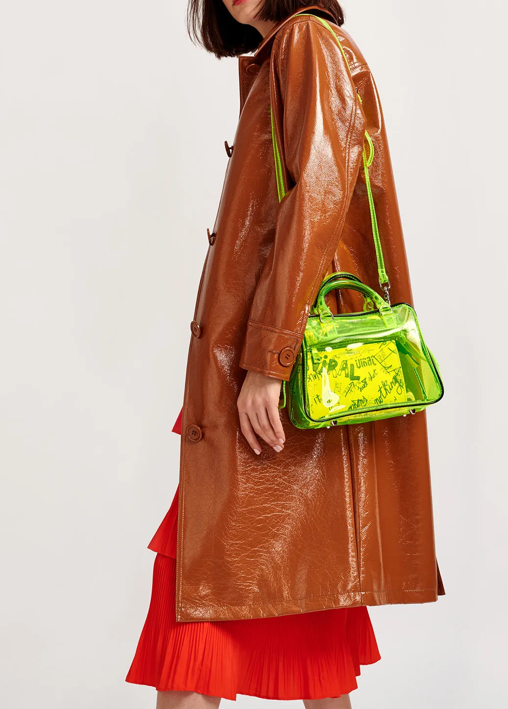 Brown faux patent-leather trench coat