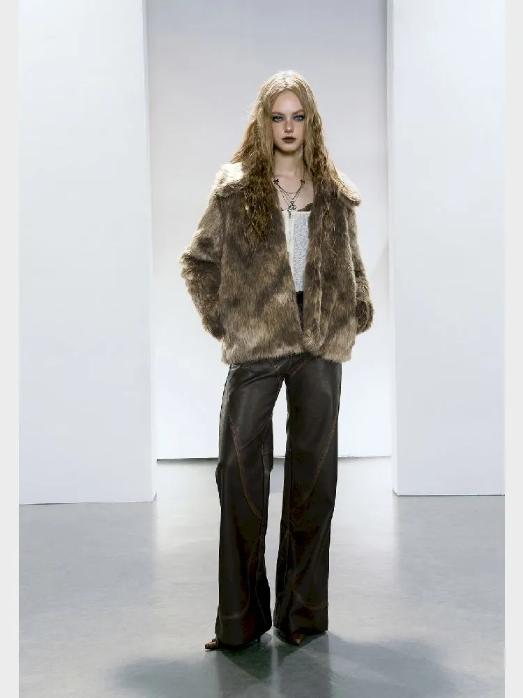 Brown Glossy Eco Fur Coat【s0000005154】