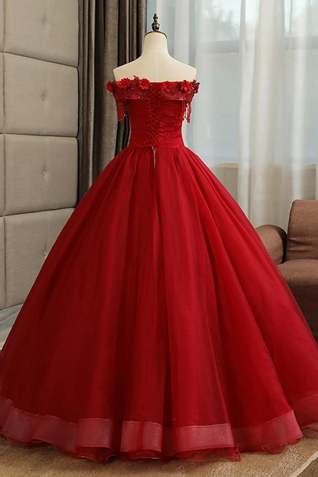 Burgundy Lace Long Formal Evening Dress, A-Line Lace Ball Gown