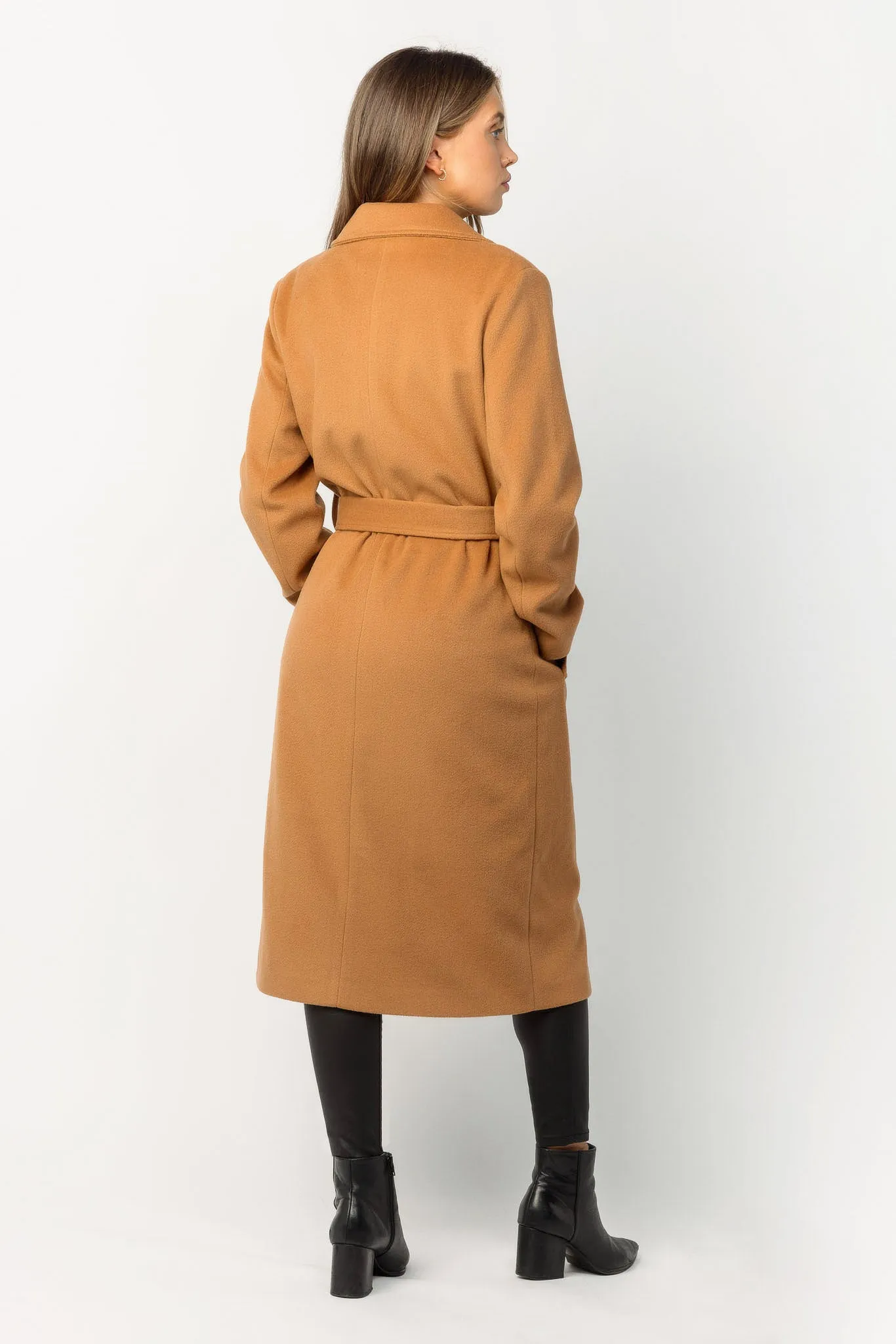 Camel Double-Breasted Belted Coat