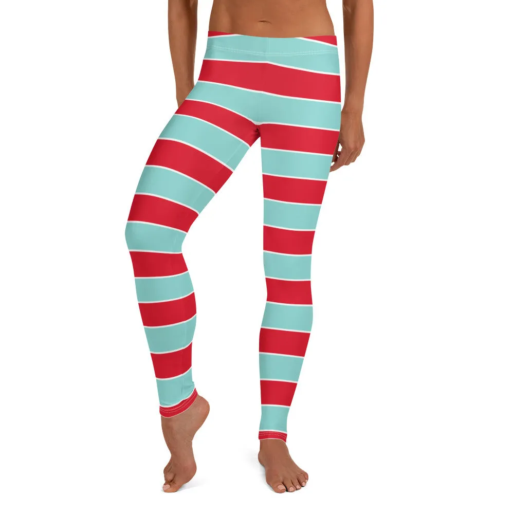 Candy Cane Leggings, Christmas Red Aqua Blue Graphic Printed Striped Winter Yoga Wear Clothing Women's Activewear Style Holiday Xmas Gift