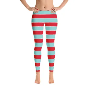 Candy Cane Leggings, Christmas Red Aqua Blue Graphic Printed Striped Winter Yoga Wear Clothing Women's Activewear Style Holiday Xmas Gift