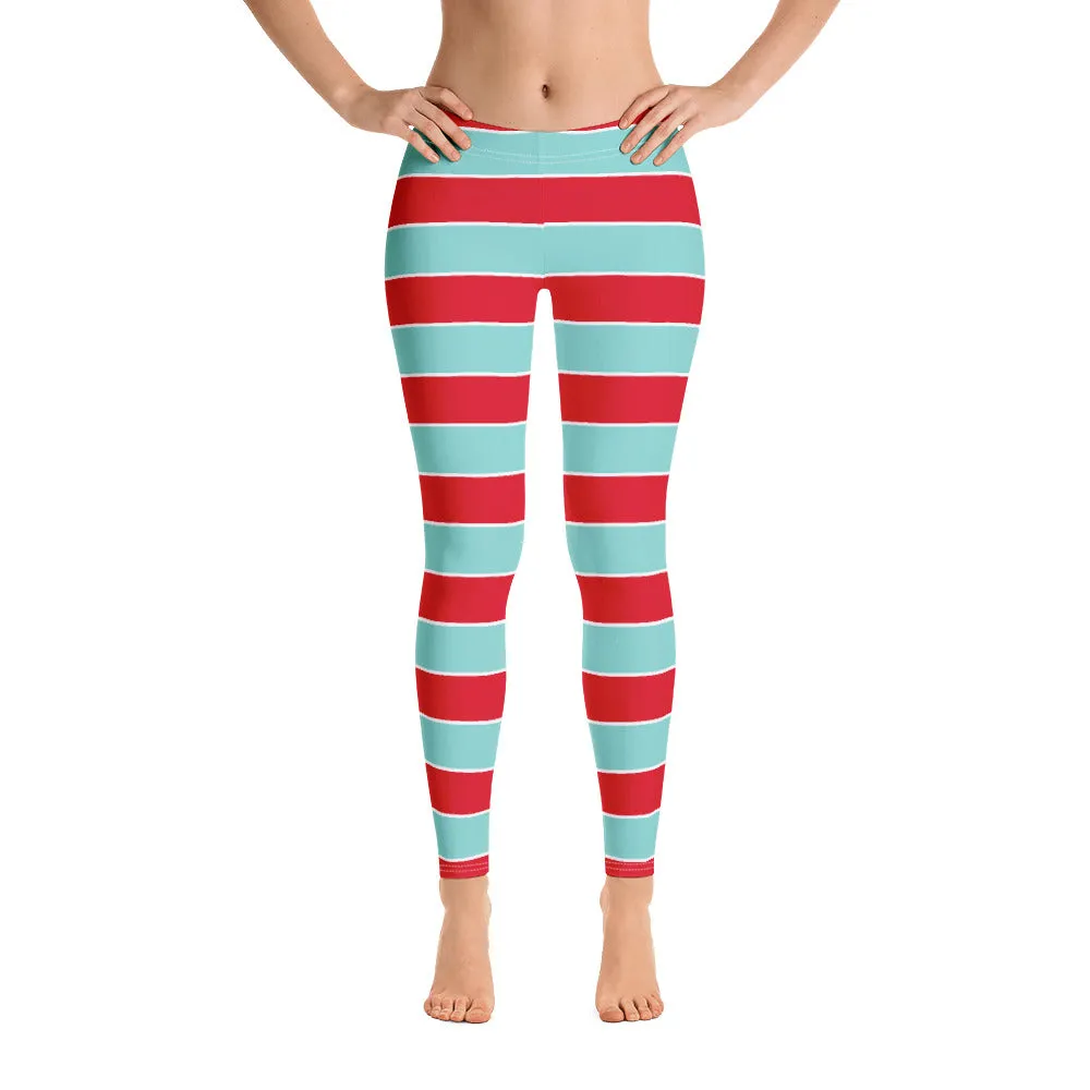 Candy Cane Leggings, Christmas Red Aqua Blue Graphic Printed Striped Winter Yoga Wear Clothing Women's Activewear Style Holiday Xmas Gift