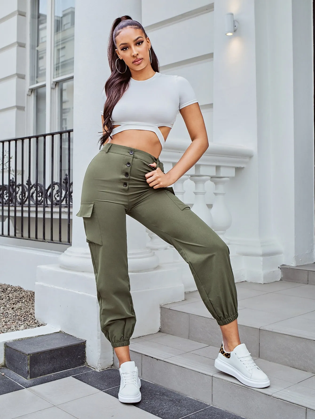 Casual Plain Pocket High Waist Capris Women Pants