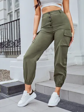 Casual Plain Pocket High Waist Capris Women Pants