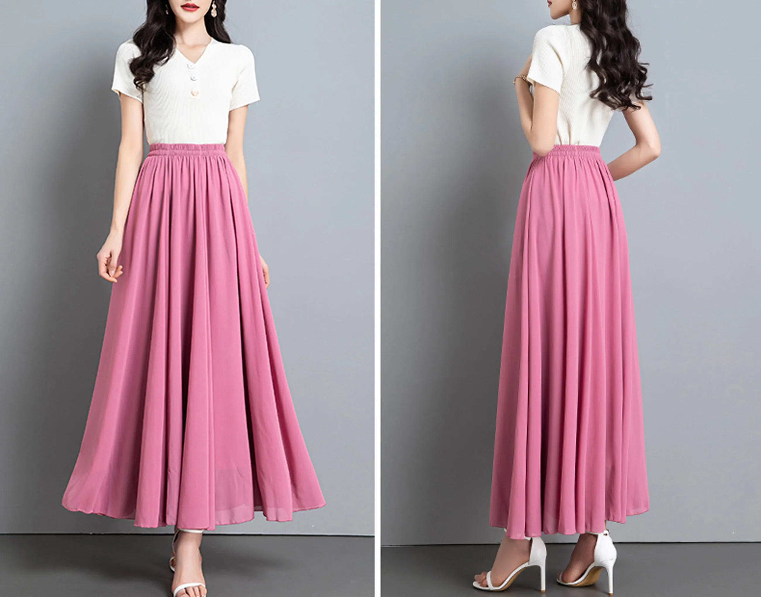 Chiffon Skirt/Maxi Skirt/Long Skirt/A-Line Skirt/Flare Skirt/Dark Blue Skirt/Elastic Waist Skirt L0035