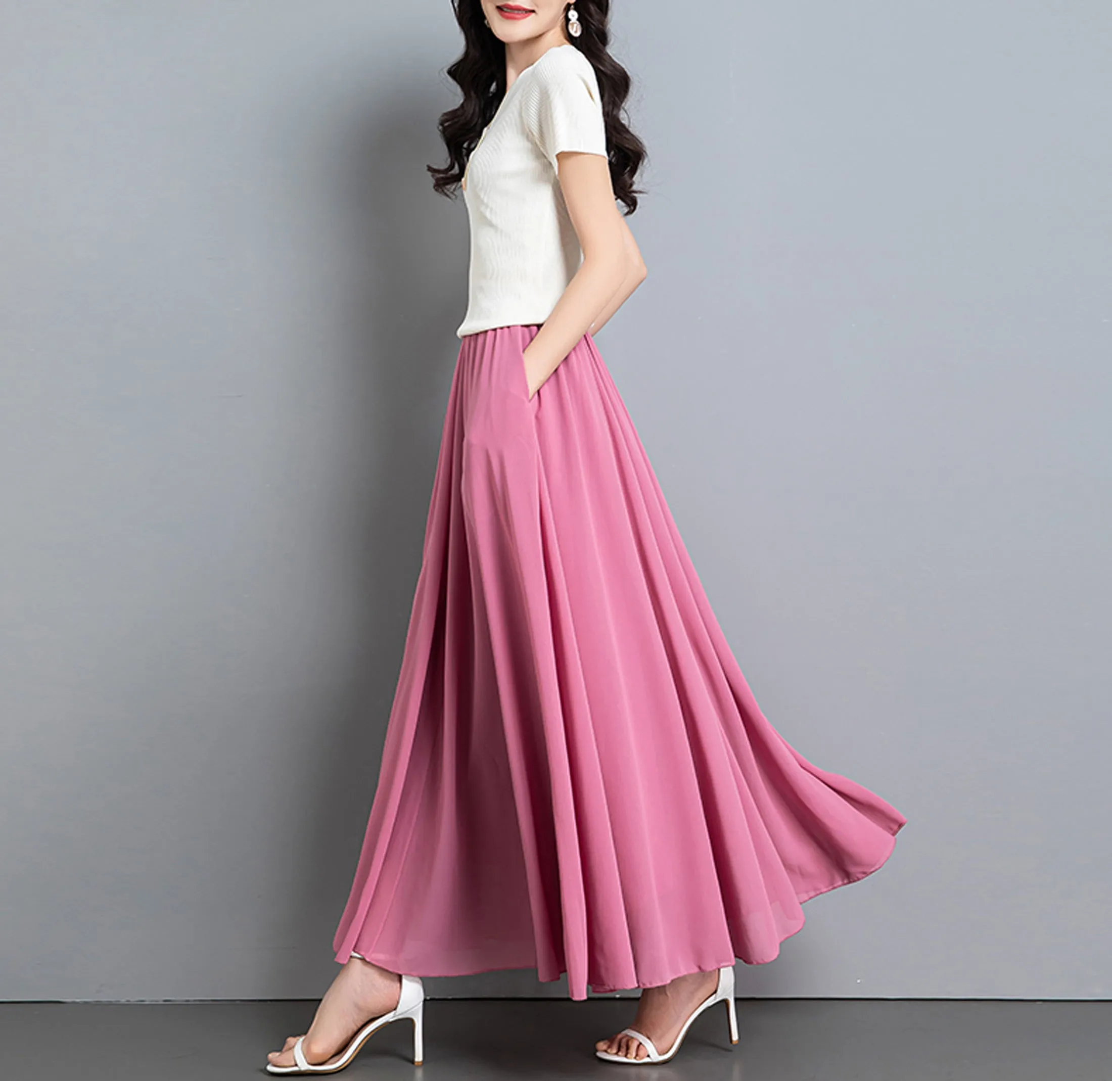 Chiffon Skirt/Maxi Skirt/Long Skirt/A-Line Skirt/Flare Skirt/Dark Blue Skirt/Elastic Waist Skirt L0035