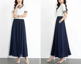 Chiffon Skirt/Maxi Skirt/Long Skirt/A-Line Skirt/Flare Skirt/Dark Blue Skirt/Elastic Waist Skirt L0035