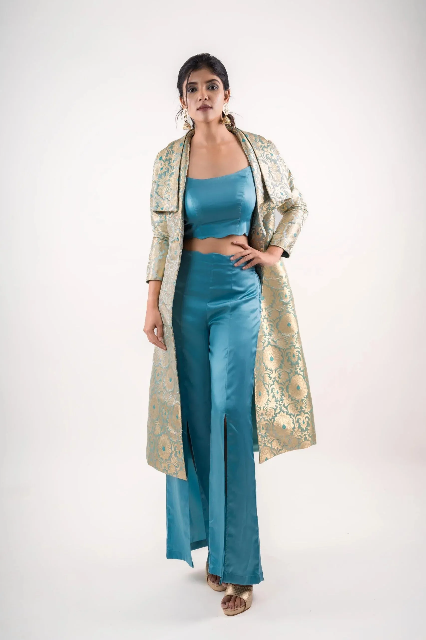 Cool Blue Crop Top with Hem Waves & Pants , Trench coat