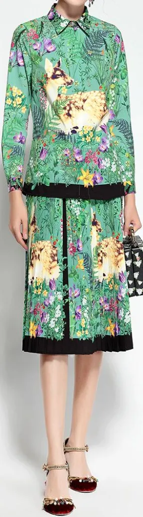 Deer & Floral Printed Blouse & Skirt Set