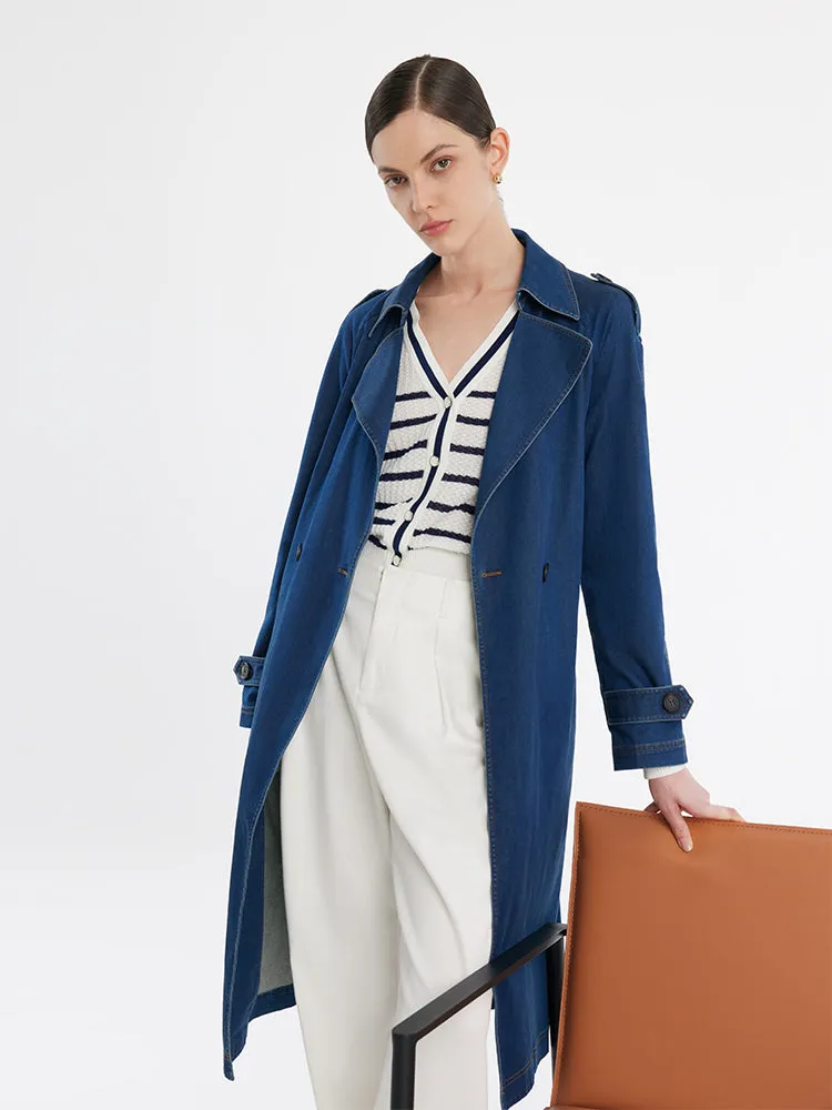 Denim Lapel Women Trench Coat With Belt