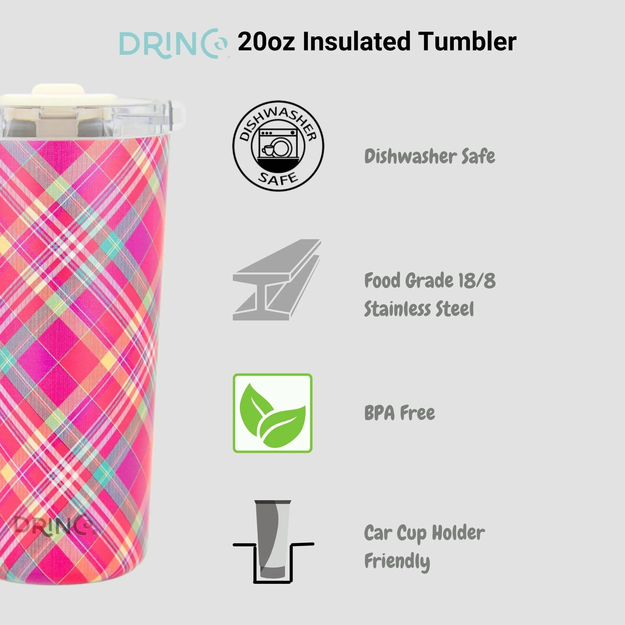 DRINCO®  Seattle 20oz Leakproof Tumbler with Straw - Madras Plaid