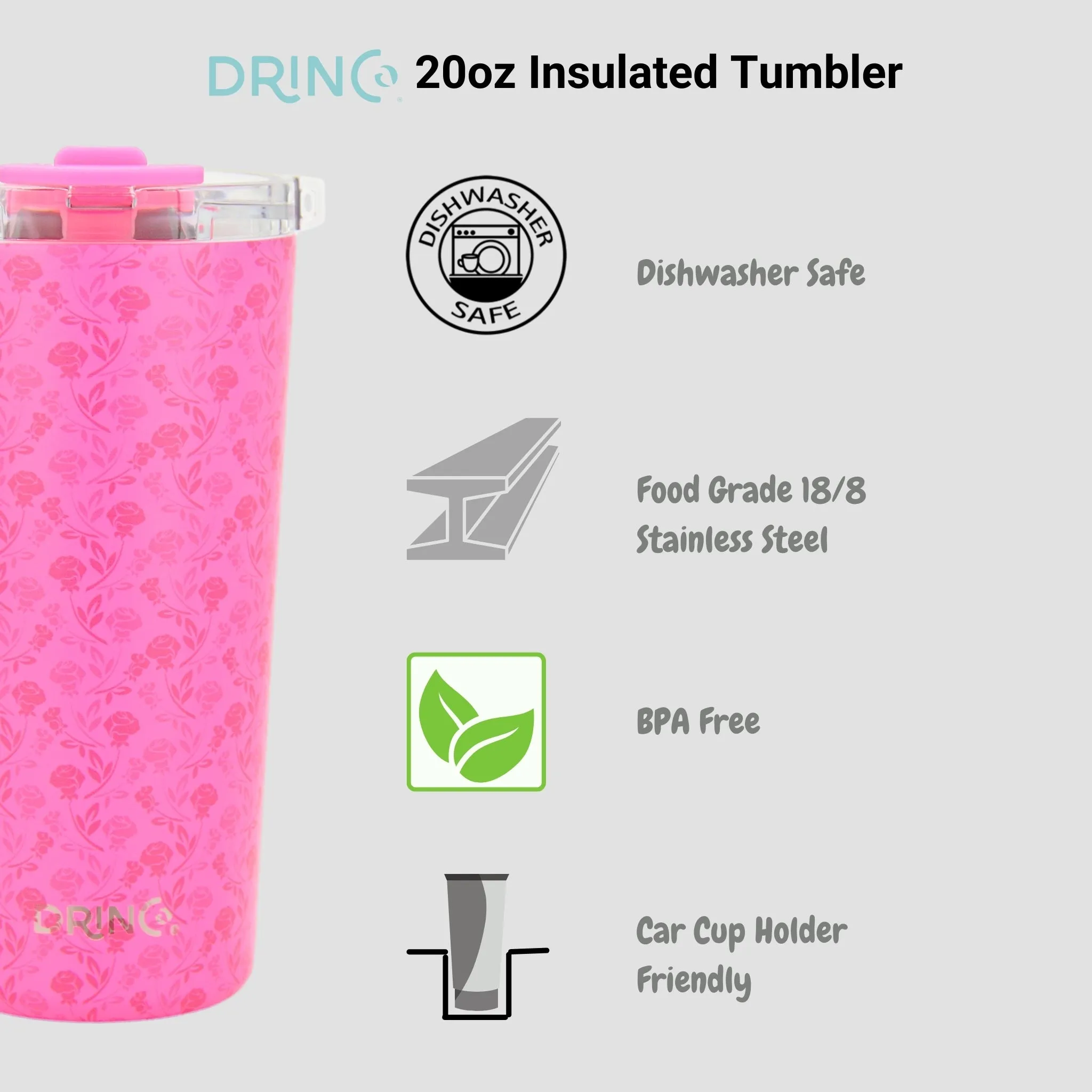 DRINCO®  Seattle 20oz Leakproof Tumbler with Straw - Pink Rose