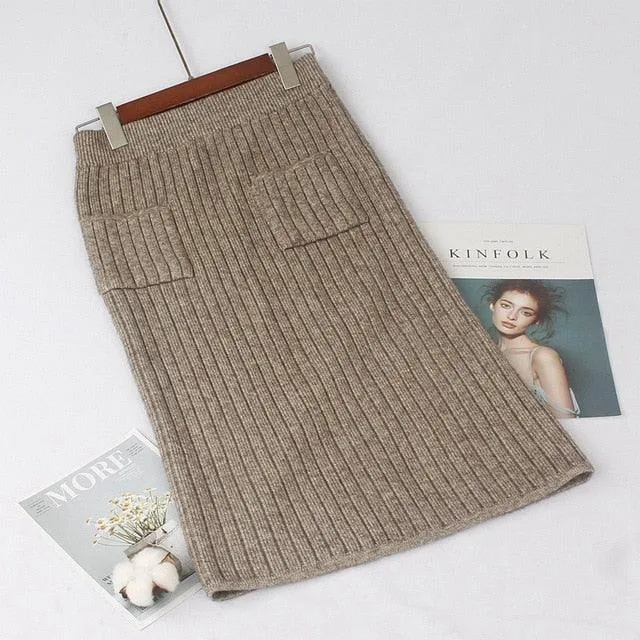 Elegant Ribbed Knitted Pencil Midi Sweater Skirt