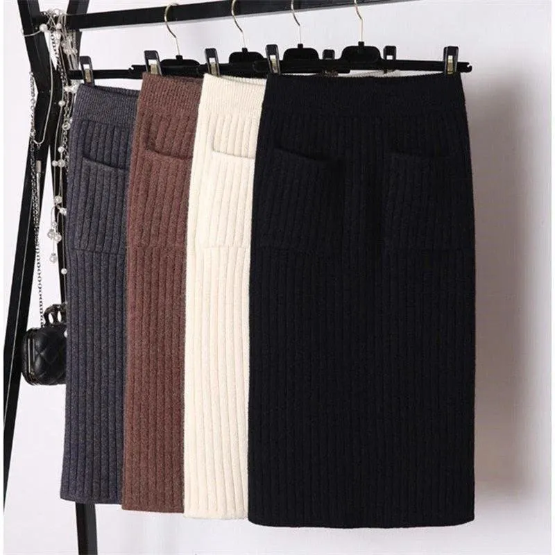 Elegant Ribbed Knitted Pencil Midi Sweater Skirt